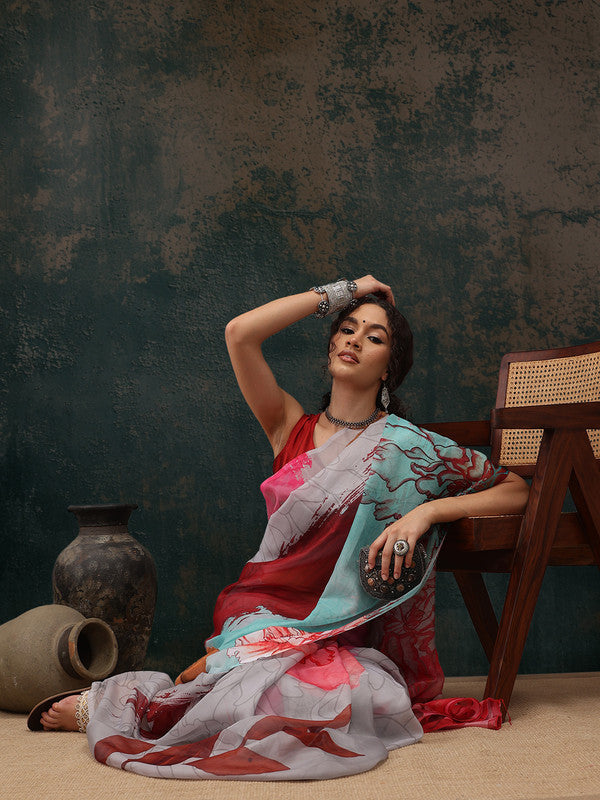 Multicolor Abstract Digital Print Polyester Saree with Blouse