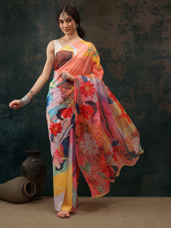 Multicolor polyester saree with vibrant digital abstract print and blouse piece