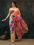Multicolor polyester saree with vibrant digital abstract print and blouse piece