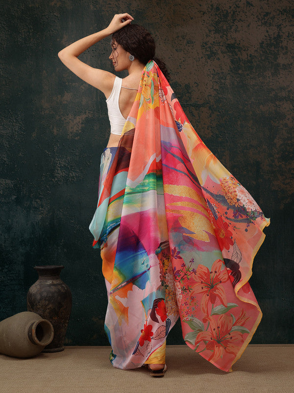 Multicolor Polyester Digital Print Saree with Abstract Design