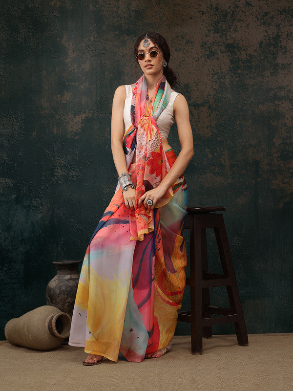 Multicolor Polyester Digital Print Saree with Abstract Design