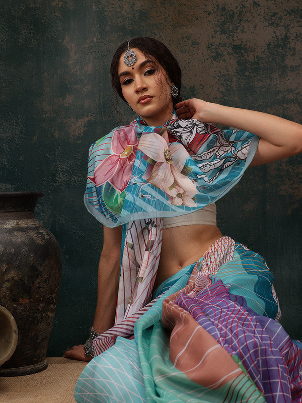 Bohemian style multicolor abstract print saree in teal, pink, white, and yellow with unstitched blouse