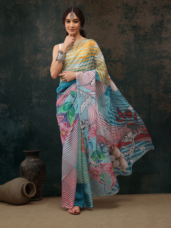 Bohemian Multicolor Abstract Print Saree with Unstitched Blouse