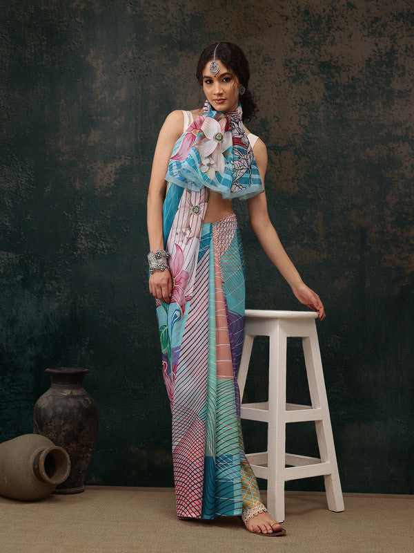 Bohemian Multicolor Abstract Print Saree with Unstitched Blouse