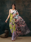 Green polyester saree with modern digital abstract print and matching unstitched blouse.