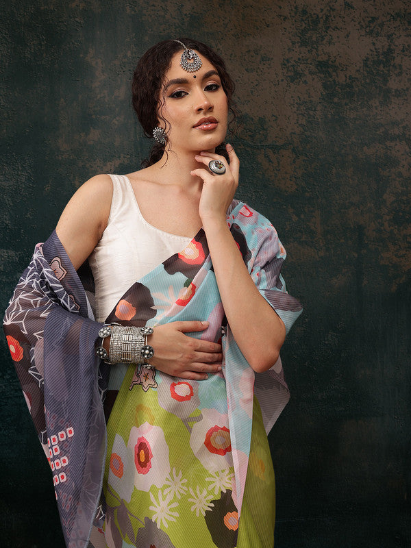 Green Polyester Digital Print Abstract Saree with Unstitched Blouse