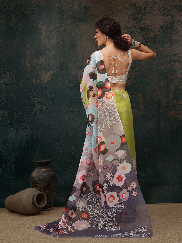 Green Polyester Digital Print Abstract Saree with Unstitched Blouse