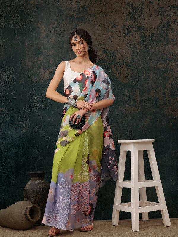 Green Polyester Digital Print Abstract Saree with Unstitched Blouse