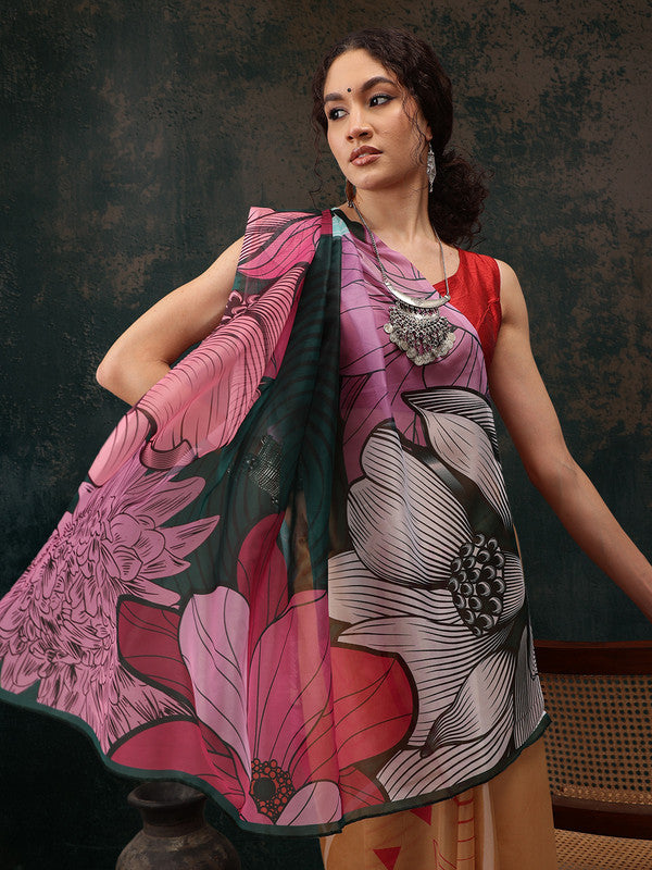 Yellow polyester saree with modern abstract digital print