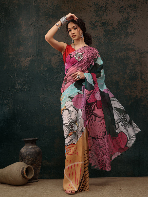 Yellow Polyester Abstract Digital Print Saree with Unstitched Blouse