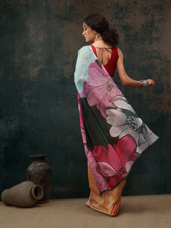 Yellow Polyester Abstract Digital Print Saree with Unstitched Blouse
