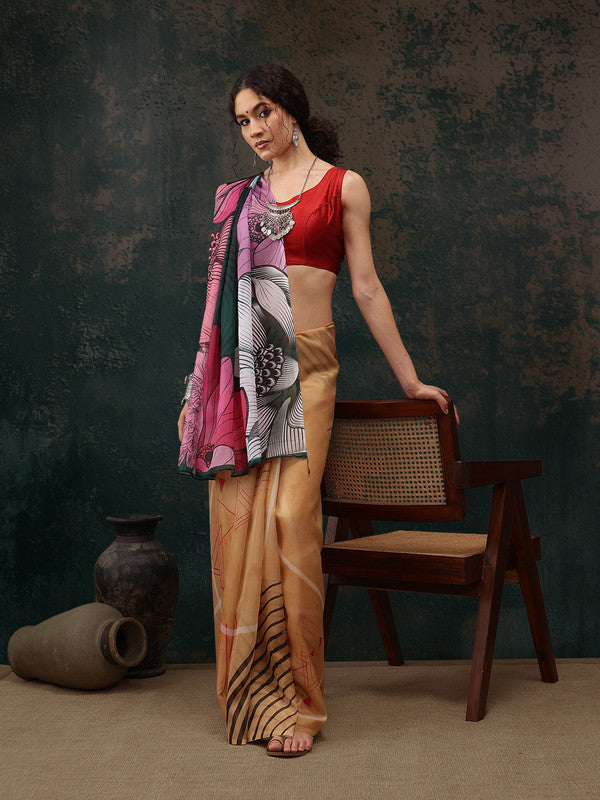 Yellow Polyester Abstract Digital Print Saree with Unstitched Blouse