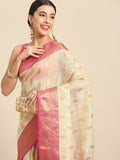 Yellow Tissue Silk Saree with woven Zari floral design and unstitched blouse