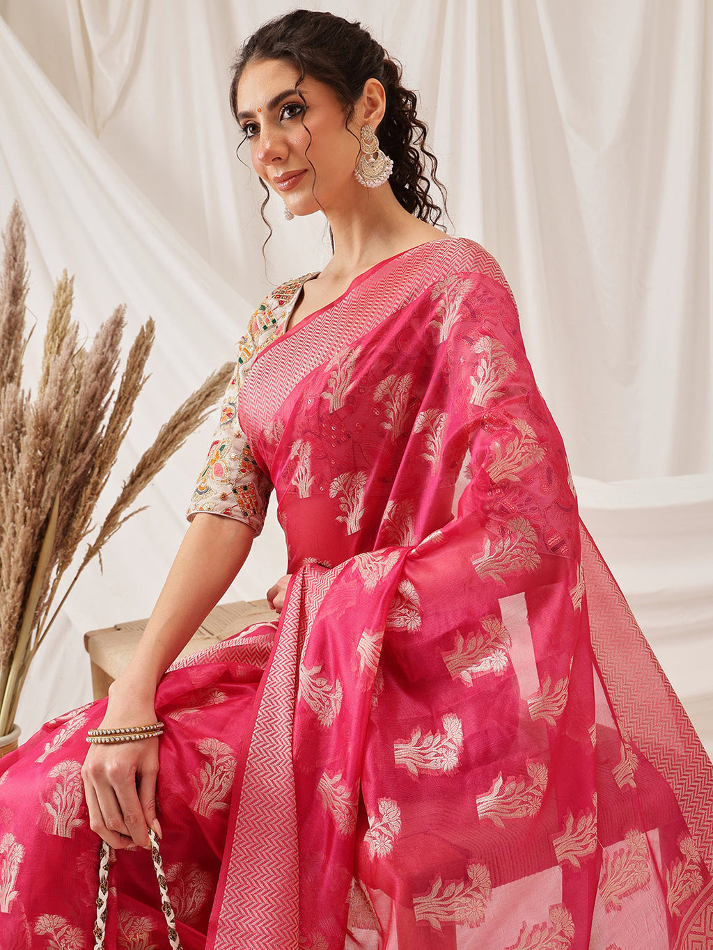 Pink Banarasi Organza Silk Saree with Floral Weave