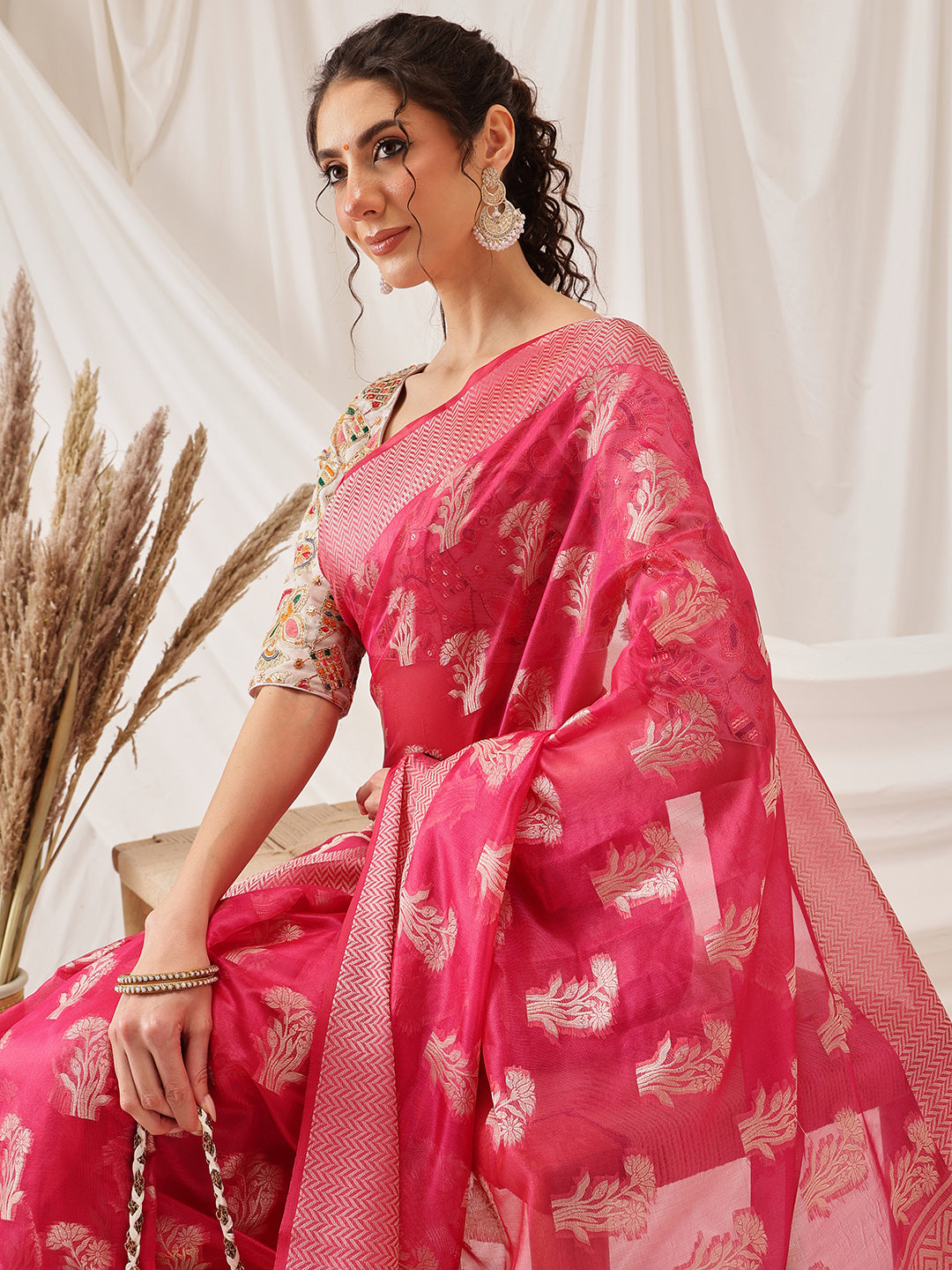 Pink Banarasi Organza Silk Saree with Floral Weave
