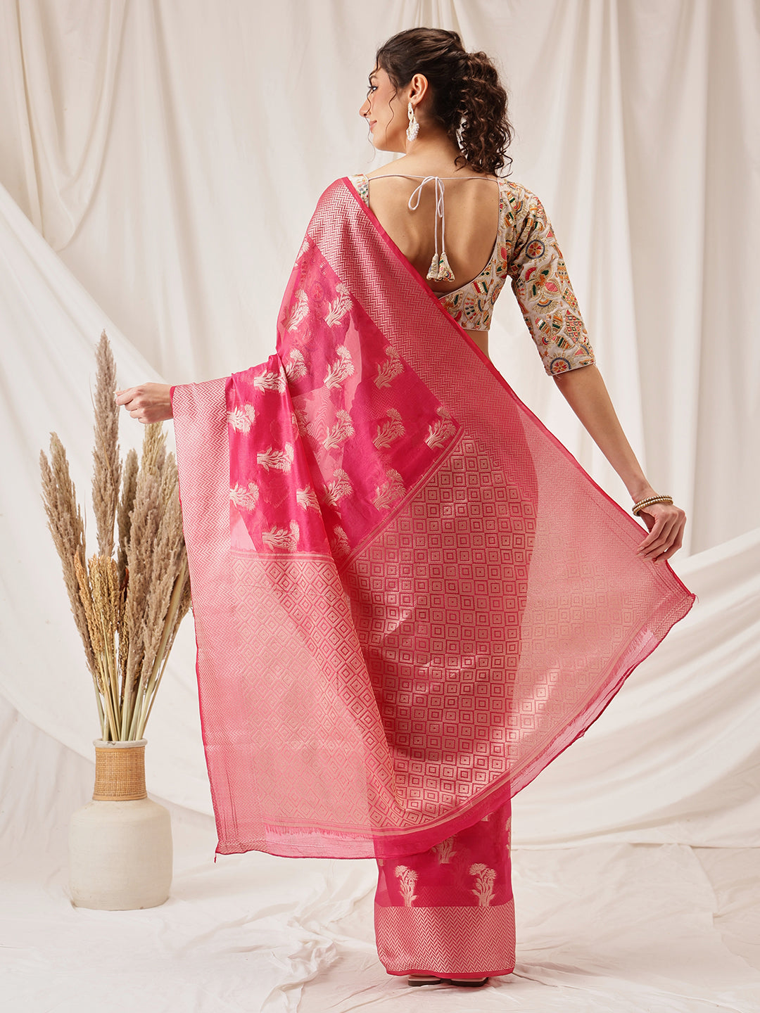 Pink Banarasi Organza Silk Saree with Floral Weave