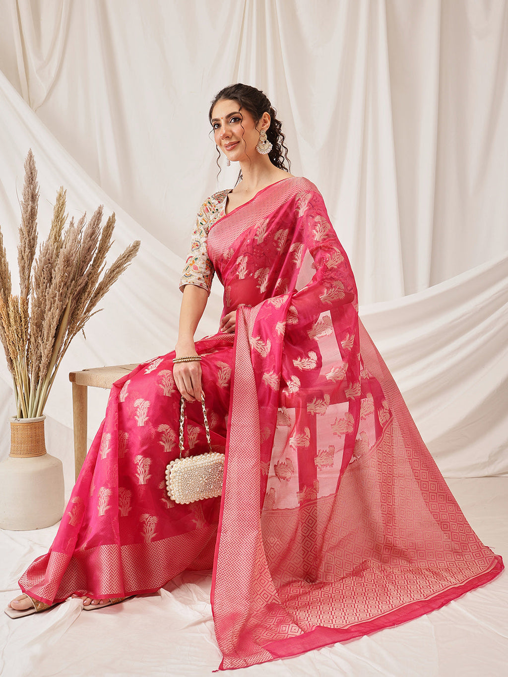 Pink Banarasi Organza Silk Saree with Floral Weave
