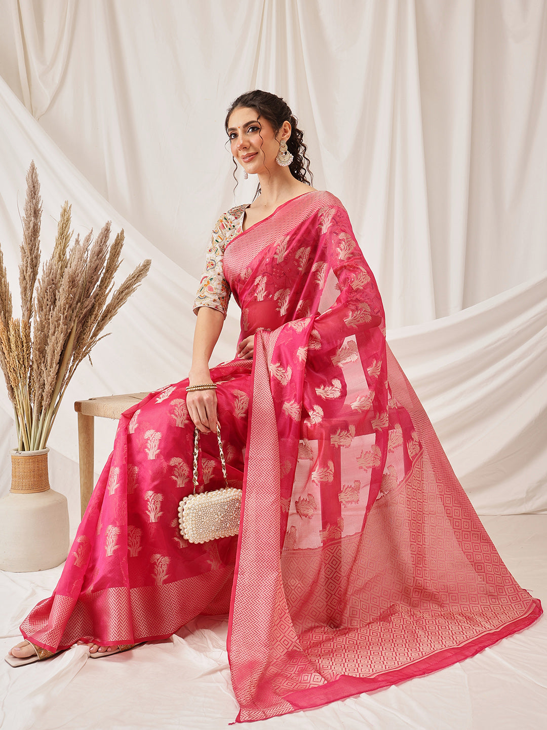 Pink Banarasi Organza Silk Saree with Floral Weave