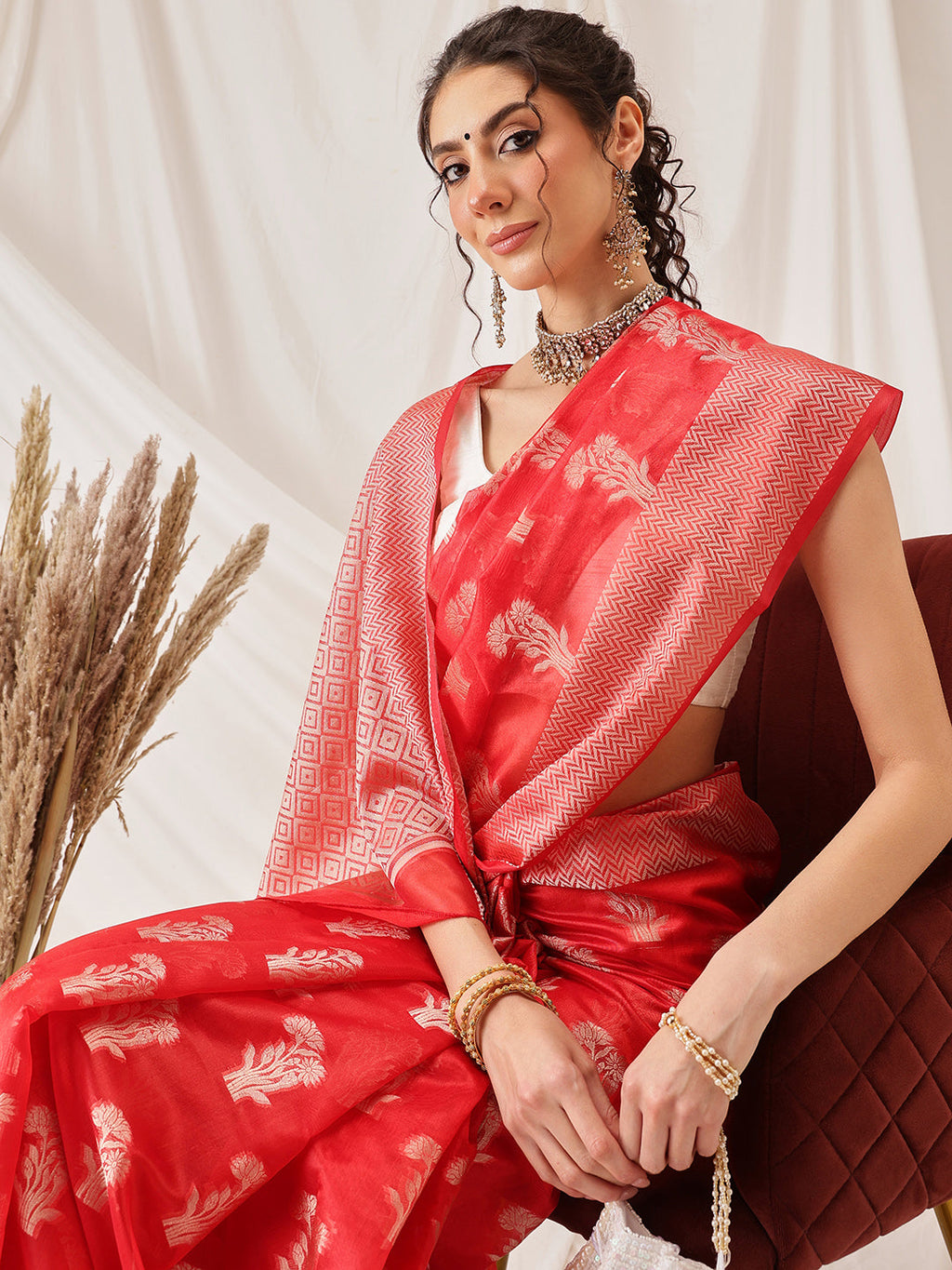 Red Banarasi Organza Silk Floral Woven Saree for Wedding Party