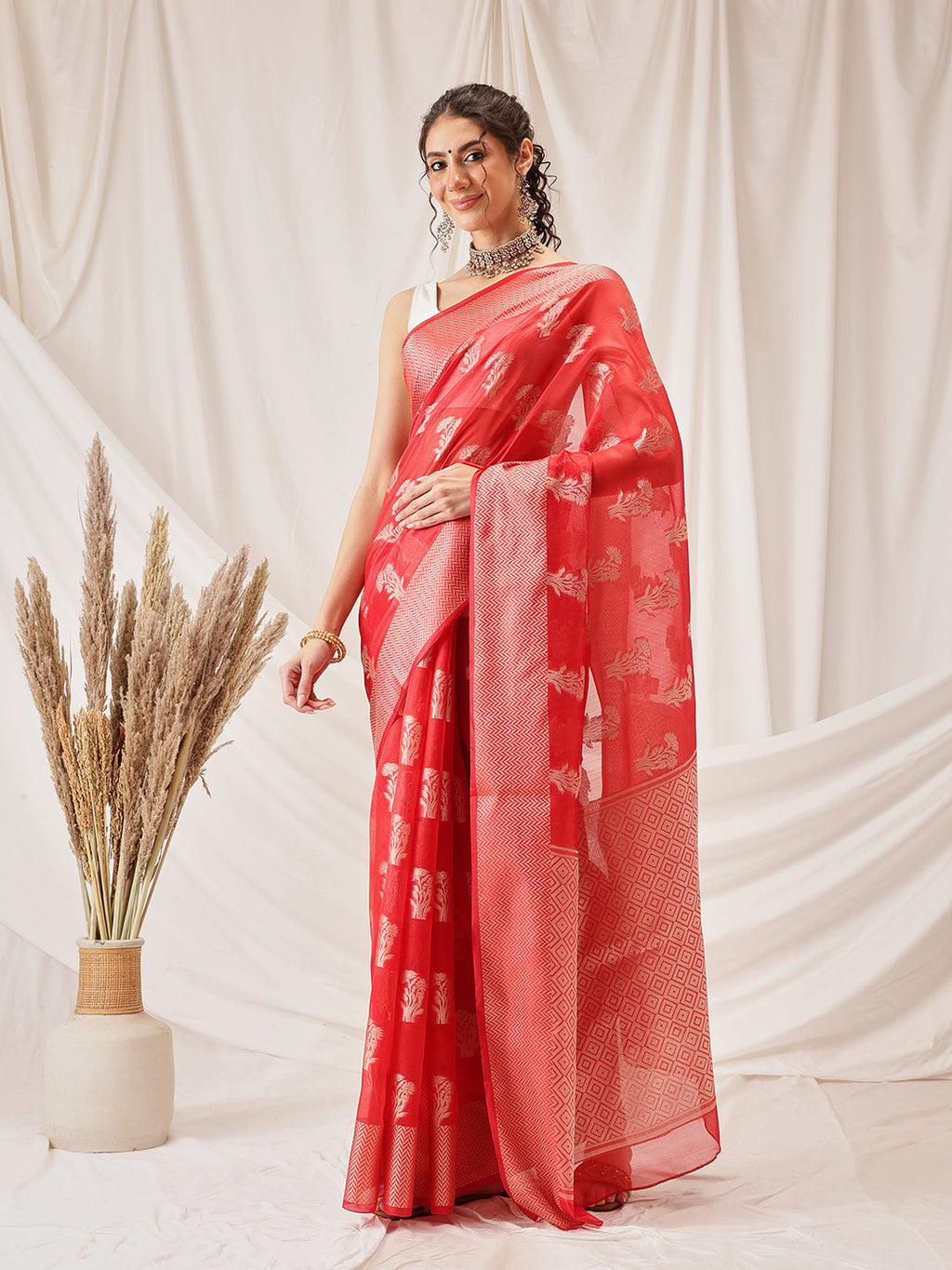 Red Banarasi Organza Silk saree with floral woven designs
