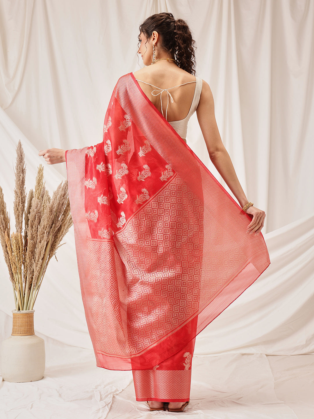 Red Banarasi Organza Silk Floral Woven Saree for Wedding Party