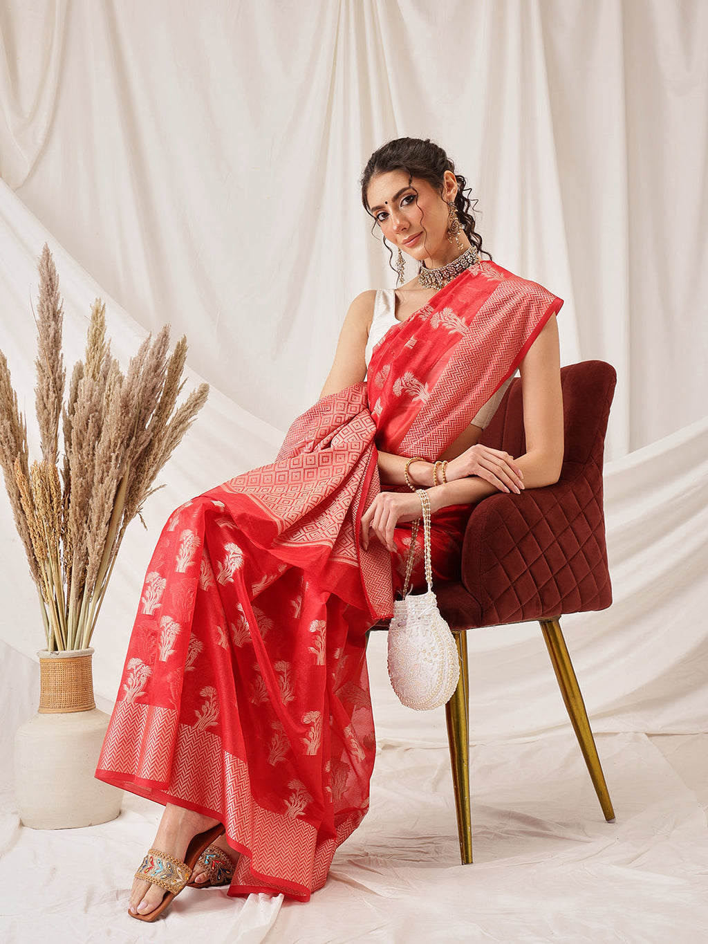 Red Banarasi Organza Silk Floral Woven Saree for Wedding Party