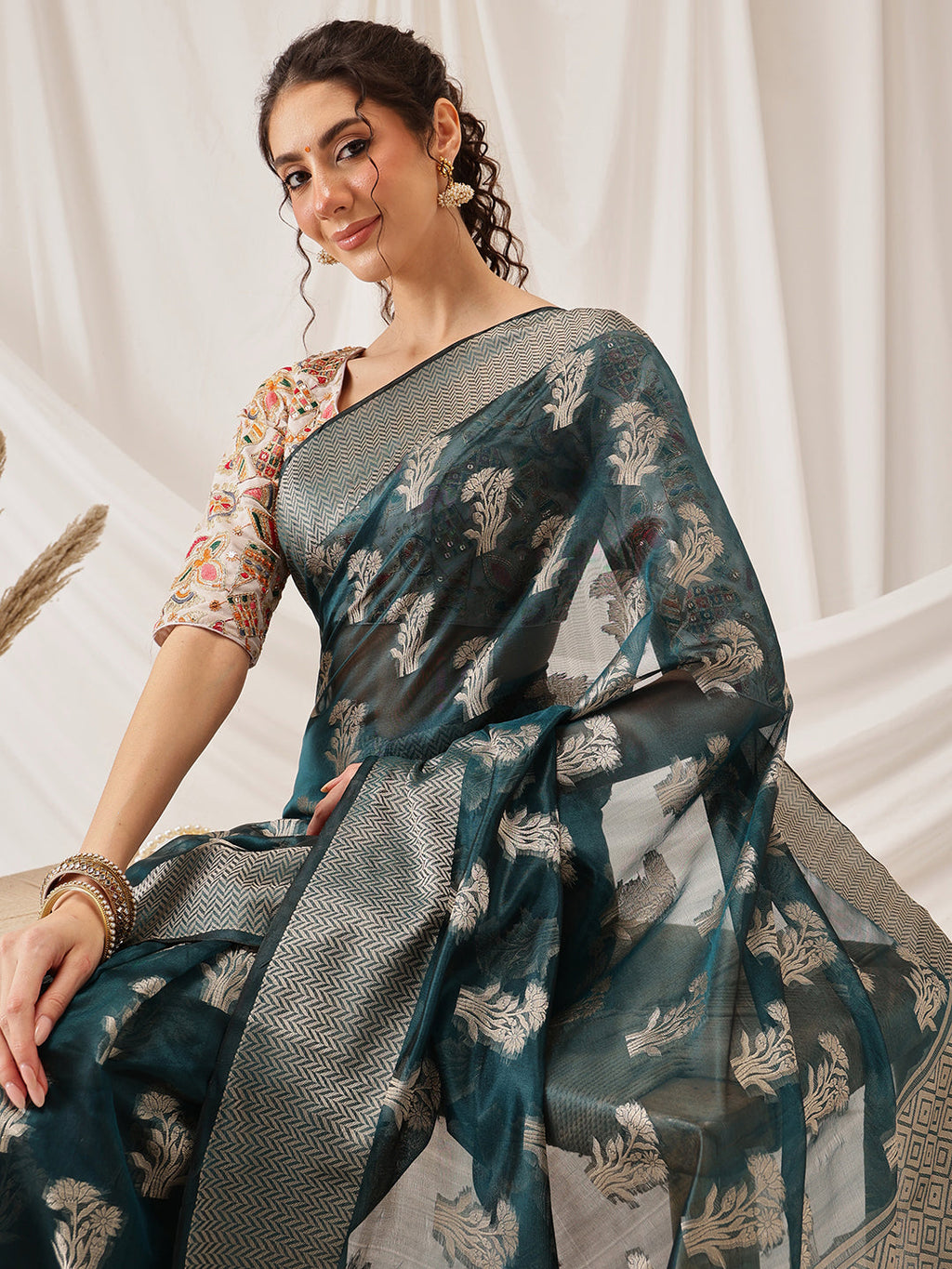 Teal Banarasi Organza Silk Saree with Floral Woven Design