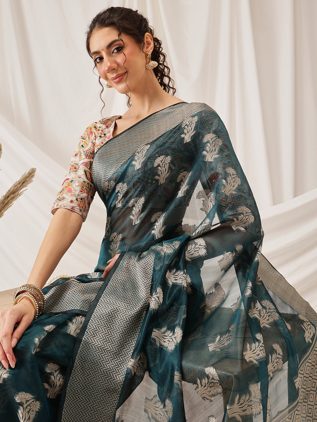 Teal Banarasi Organza Silk Saree with Floral Woven Design