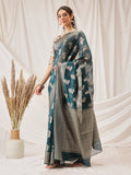 Sophisticated teal Banarasi organza silk saree with detailed floral woven motifs