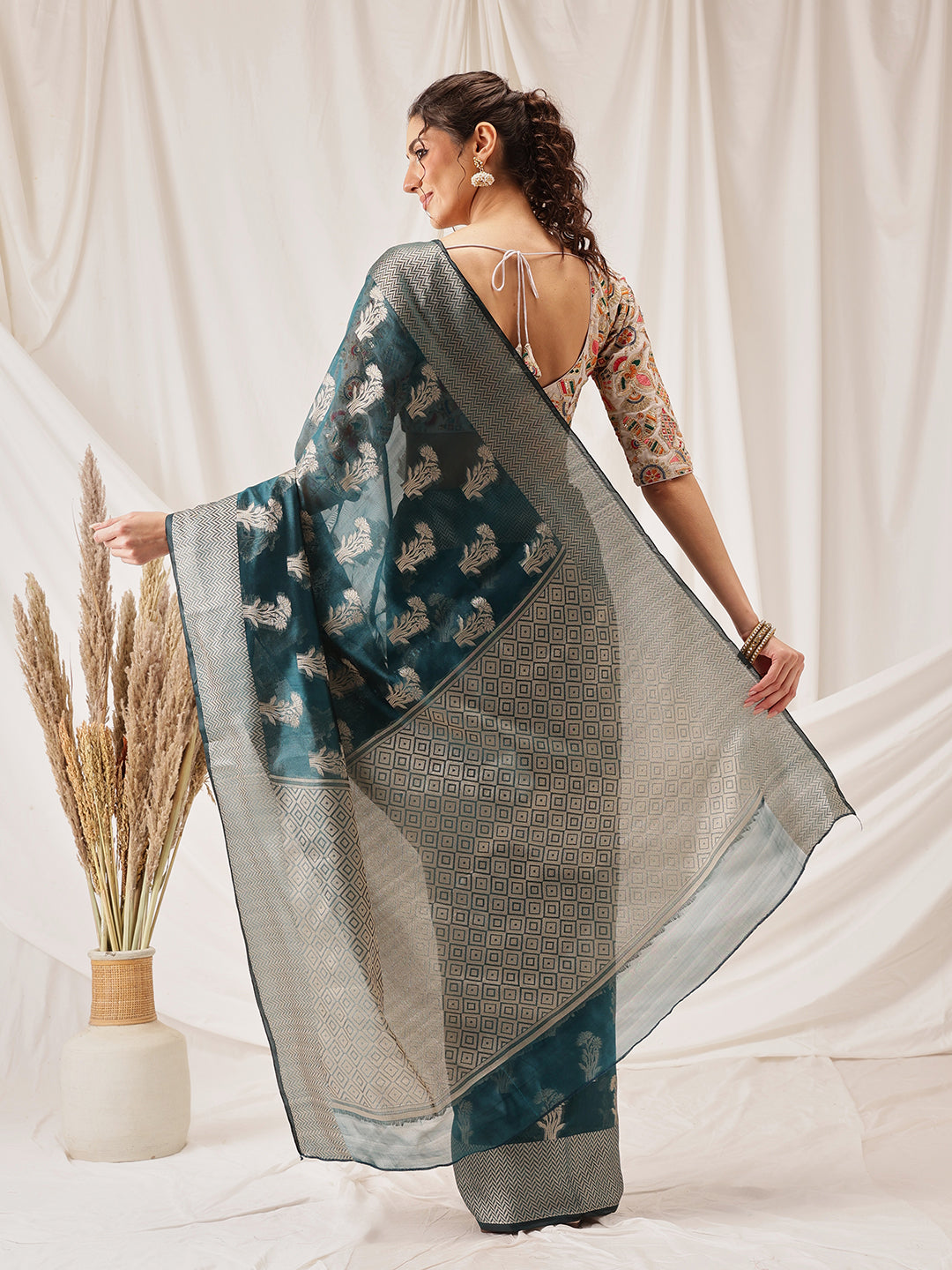 Teal Banarasi Organza Silk Saree with Floral Woven Design