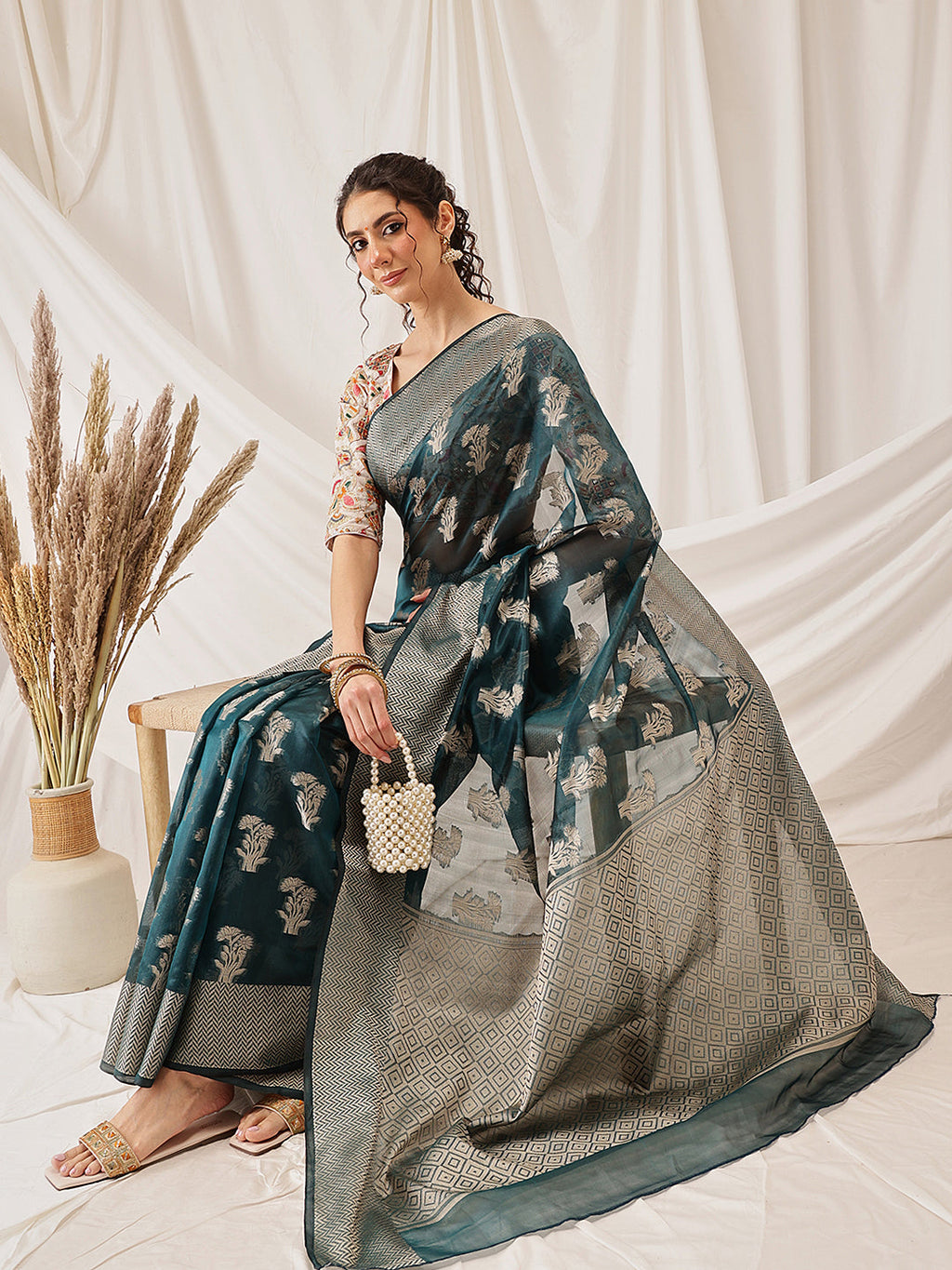 Teal Banarasi Organza Silk Saree with Floral Woven Design