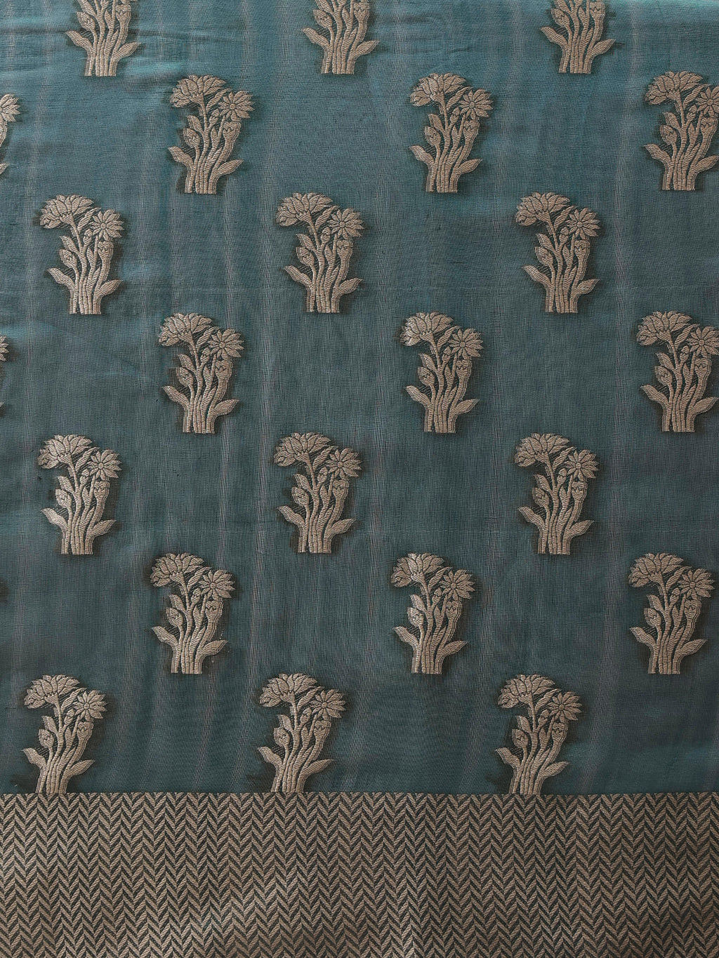 Teal Banarasi Organza Silk Saree with Floral Woven Design