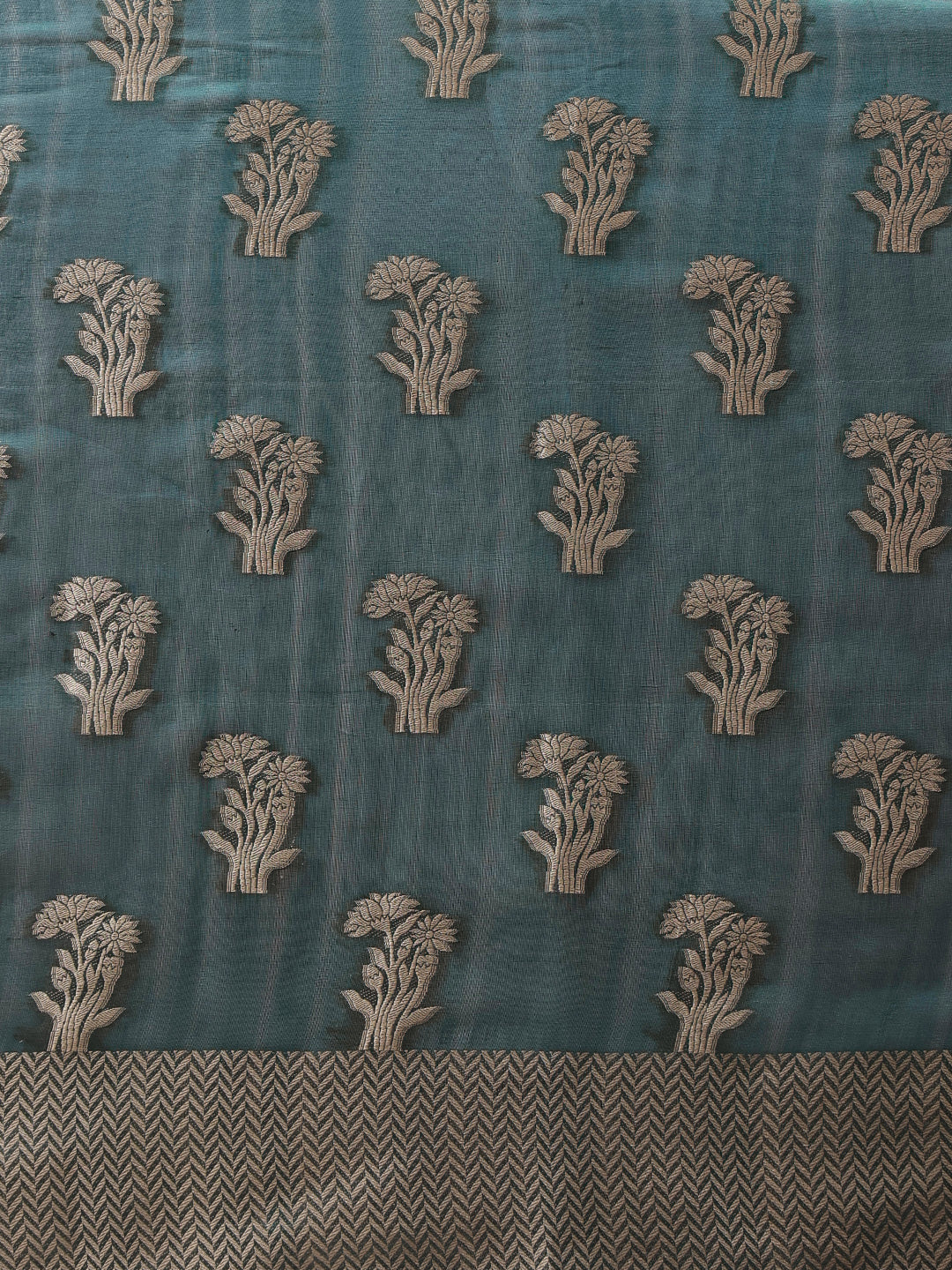 Teal Banarasi Organza Silk Saree with Floral Woven Design