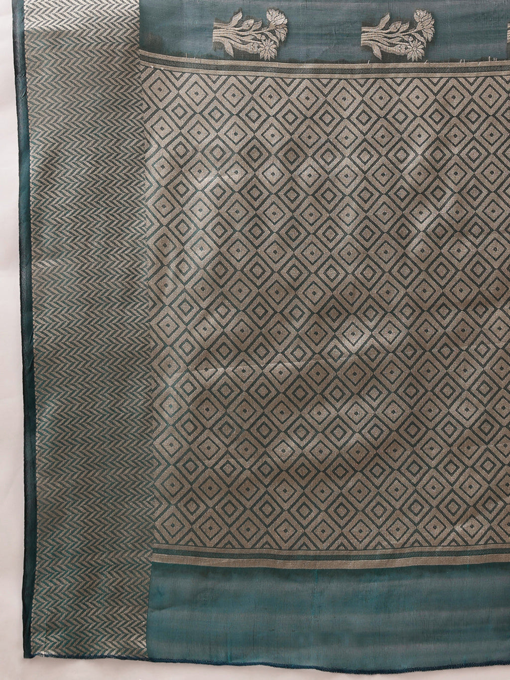 Teal Banarasi Organza Silk Saree with Floral Woven Design