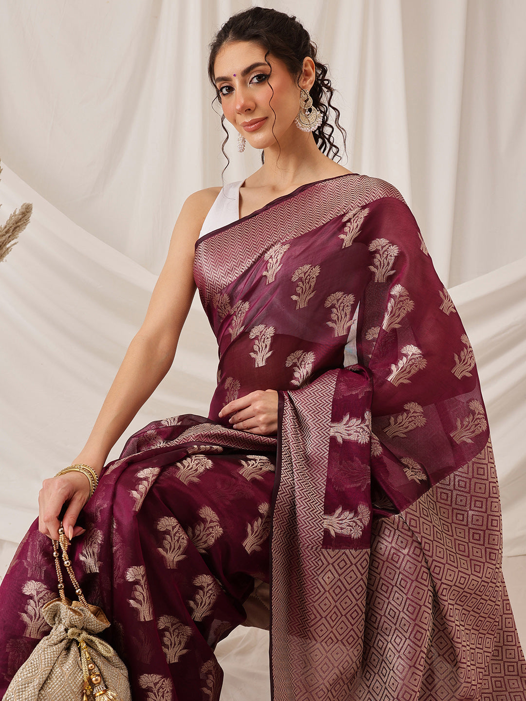 Purple Banarasi Organza Silk Floral Woven Design Saree