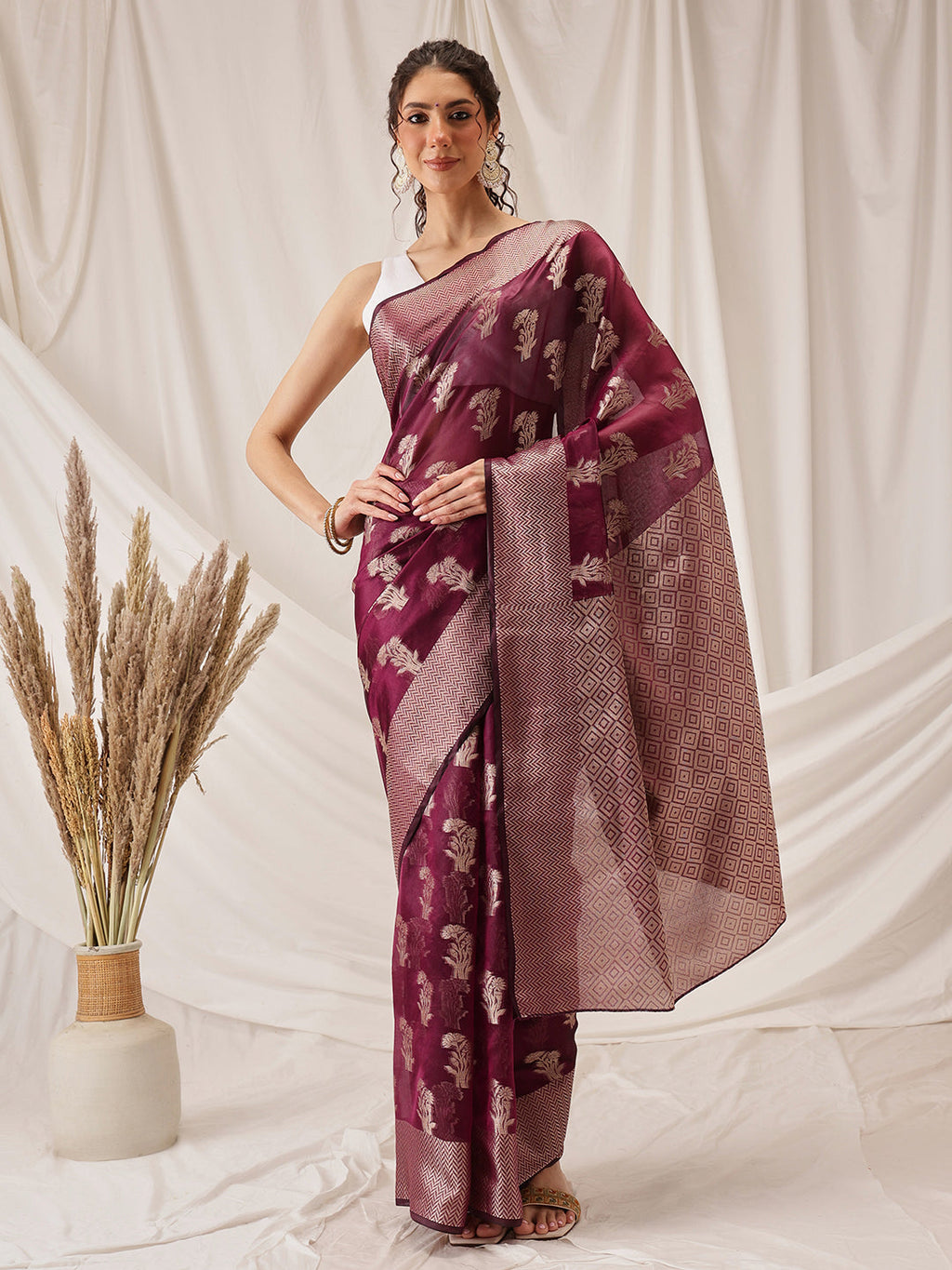 Purple Banarasi Organza Silk Saree with floral woven design