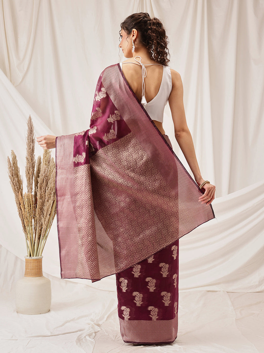 Purple Banarasi Organza Silk Floral Woven Design Saree