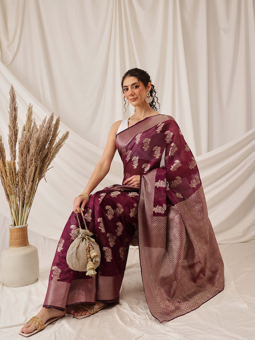 Purple Banarasi Organza Silk Floral Woven Design Saree