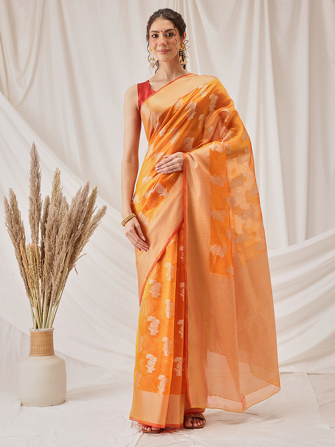 Yellow Banarasi Organza Silk Floral Woven Saree