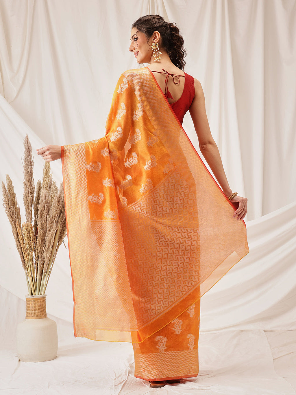 Yellow Banarasi Organza Silk Floral Woven Saree