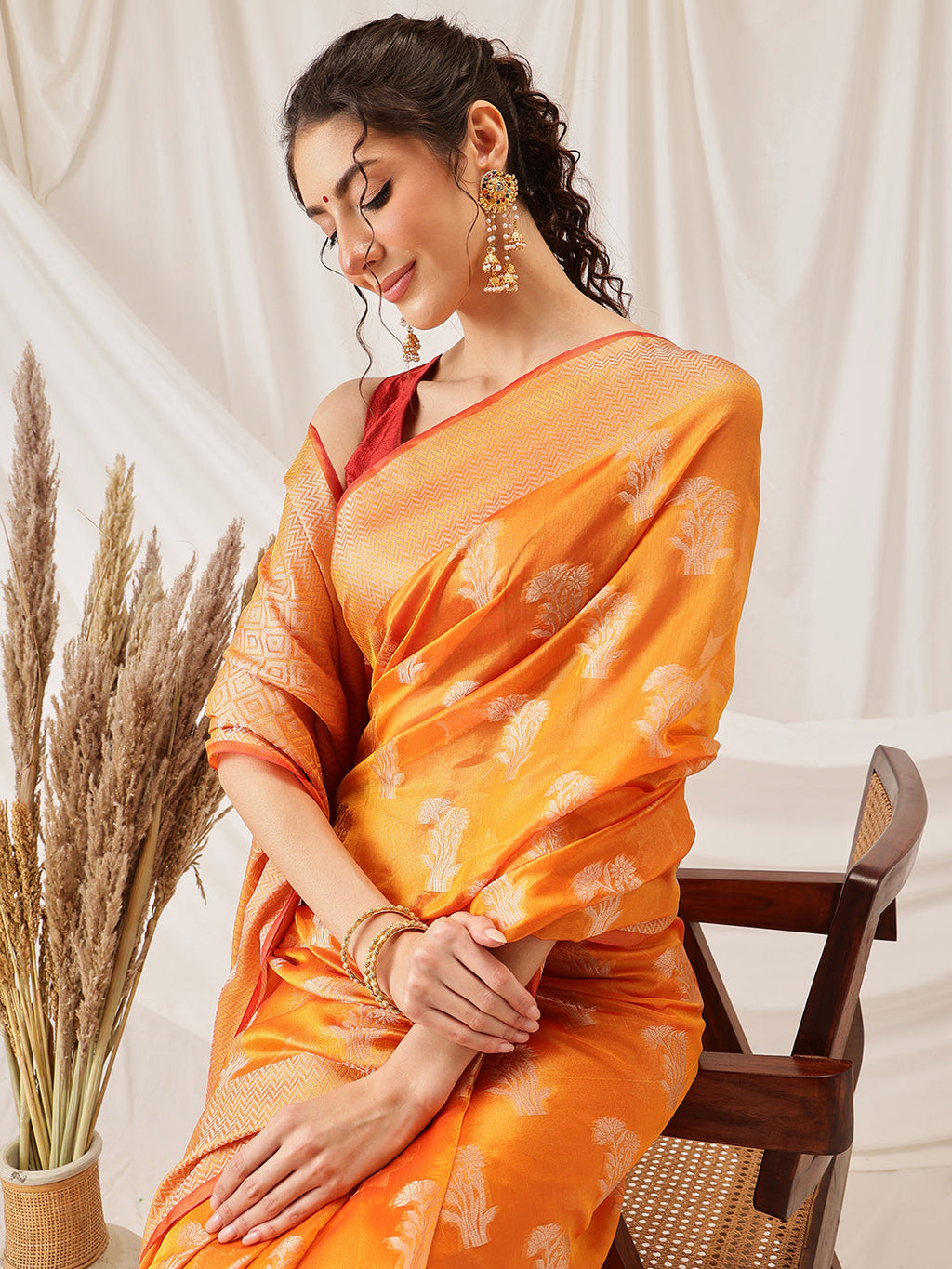 Yellow Banarasi Organza Silk Floral Woven Saree