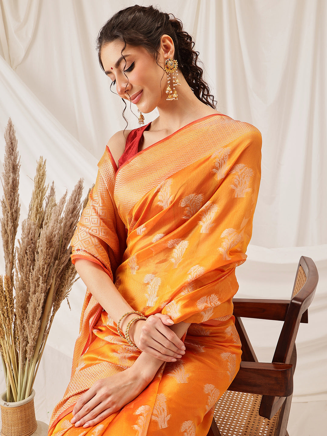 Yellow Banarasi Organza Silk Floral Woven Saree