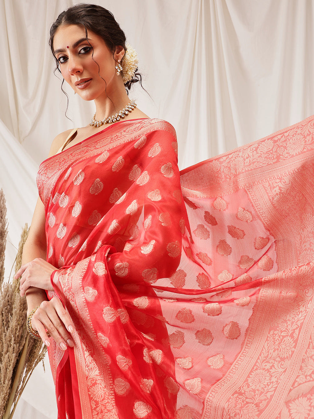Red Banarasi Organza Silk Floral Woven Saree