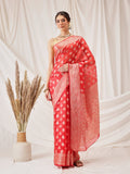 Red Banarasi Organza Silk saree featuring floral woven patterns