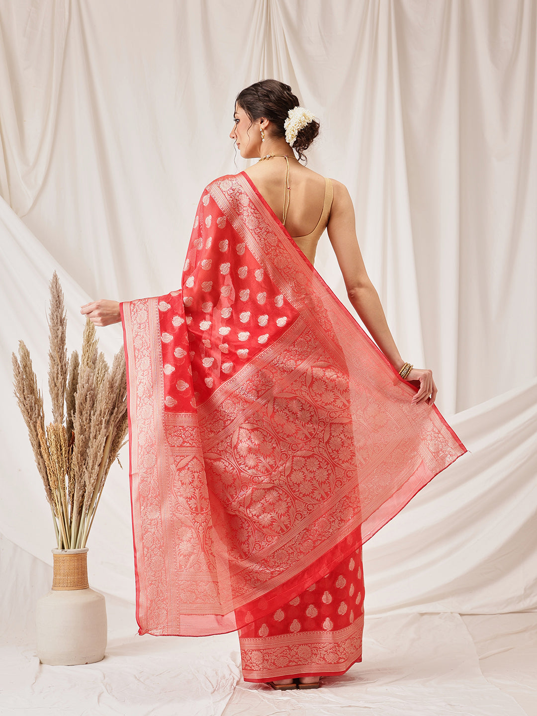 Red Banarasi Organza Silk Floral Woven Saree