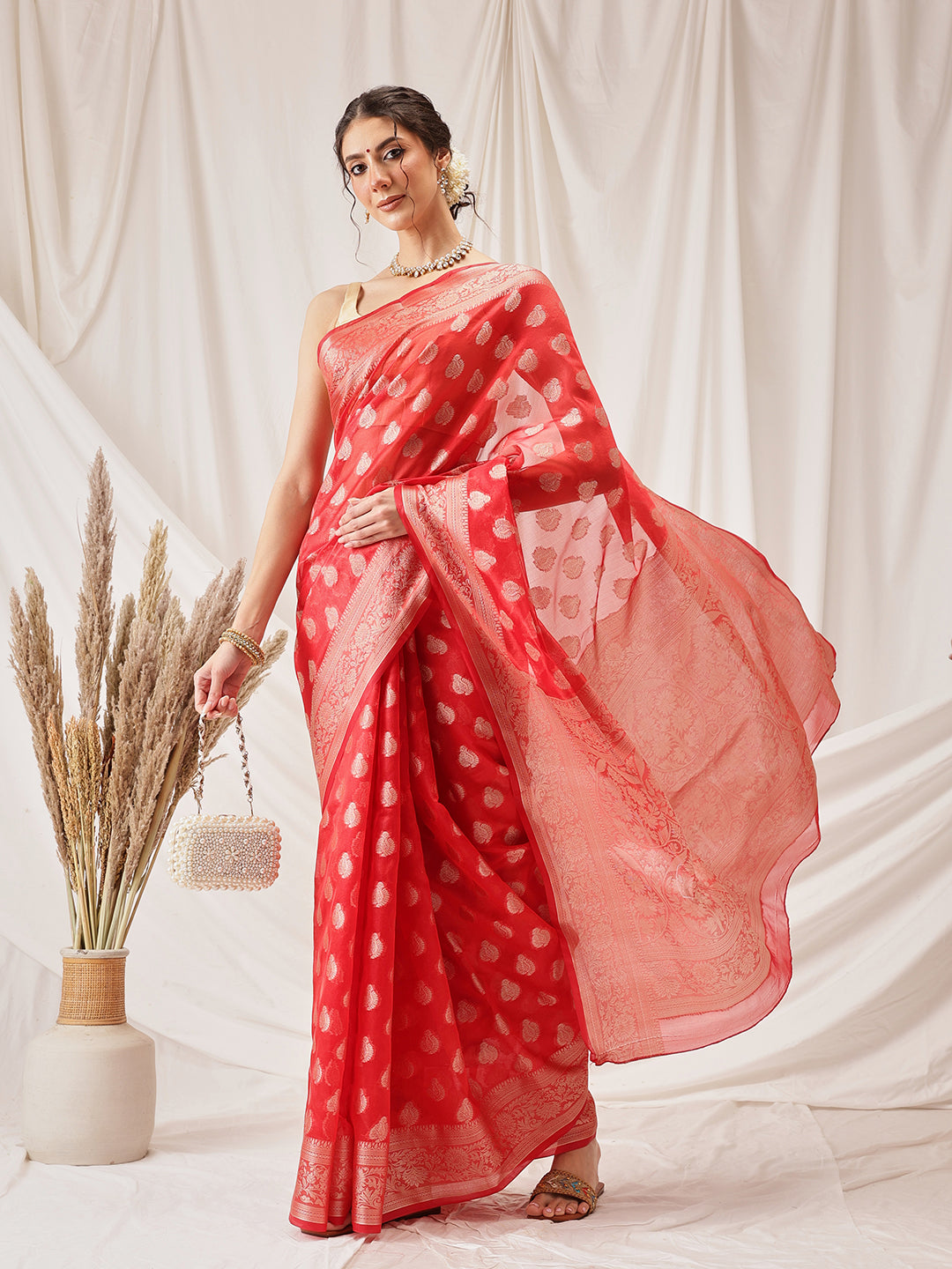 Red Banarasi Organza Silk Floral Woven Saree