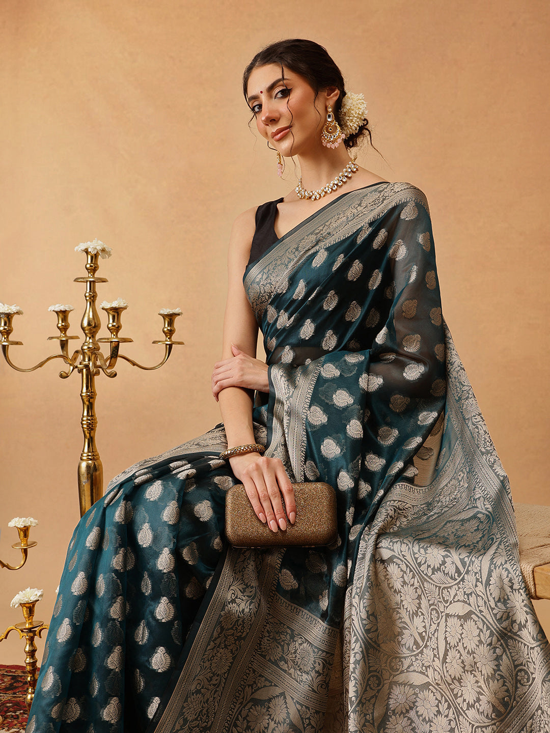 Teal Banarasi Organza Silk Floral Woven Saree for Women