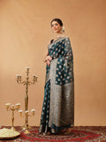 Teal Banarasi Organza Silk saree with floral woven designs