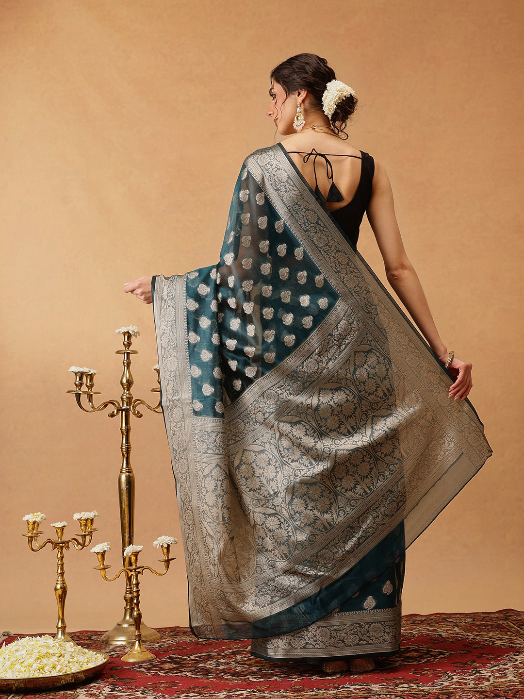 Teal Banarasi Organza Silk Floral Woven Saree for Women