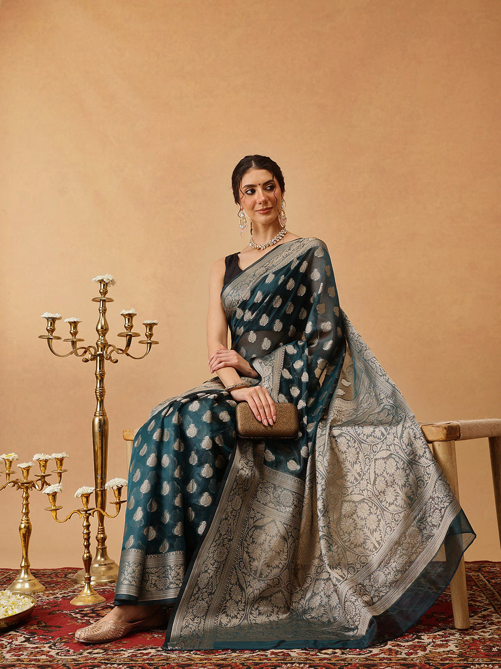 Teal Banarasi Organza Silk Floral Woven Saree for Women
